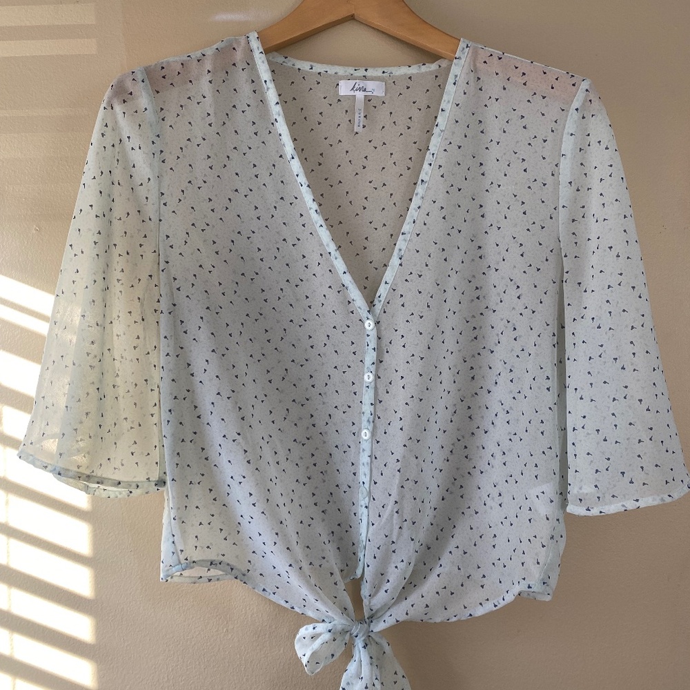 Sheer, bell sleeve, retro, v neck blouse